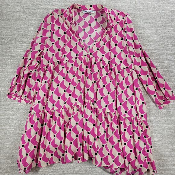 Zara Geometric Babydoll Dress Womens Medium Pink High Low Tunic Tiered Loose Fit - Picture 5 of 13